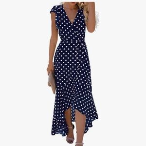 Polka Dot Wrap Midi Dress -Dark Navy/White